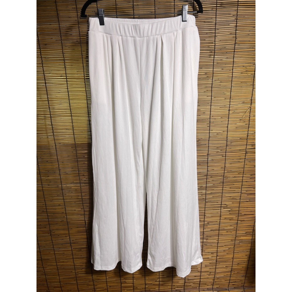 Ekouaer Size L Wide Leg Pants White Ribbed Knit Elastic Waist Lounge Pants
